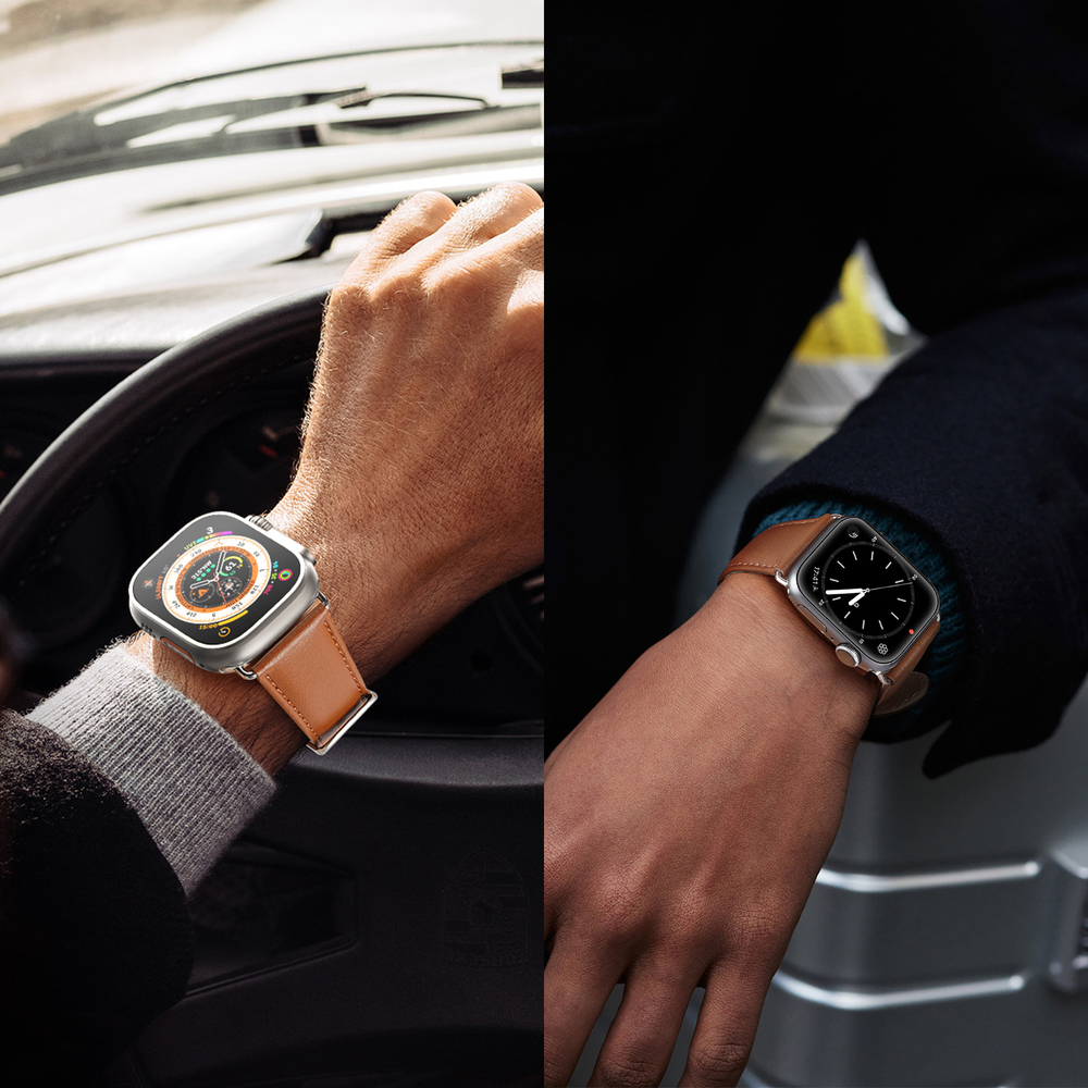 Ремешок из кожи коричневого цвета от Dux Ducis для смарт часов Apple Watch 42, 44, 45, 46, 49мм, серия YS Series
