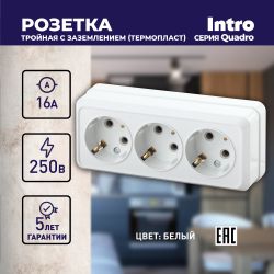 Розетка Intro Quadro 2-206-01 с заземлением трехместная 3х2P+E, 16А-250В, IP20, ОУ, белый
