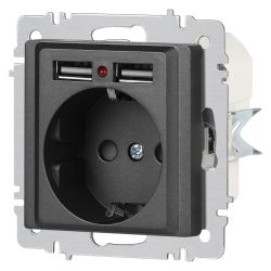 Розетка Intro Accent 6-410-07 с заземлением 2P+E Schuko со шторками 16А-250В + 2хUSB IP20 СУ графит | Intro