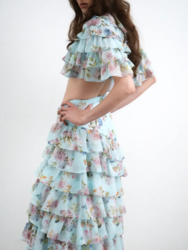 Лисса макси (Lissa maxi), юбка макси из голубого шифона с цветочным принтом