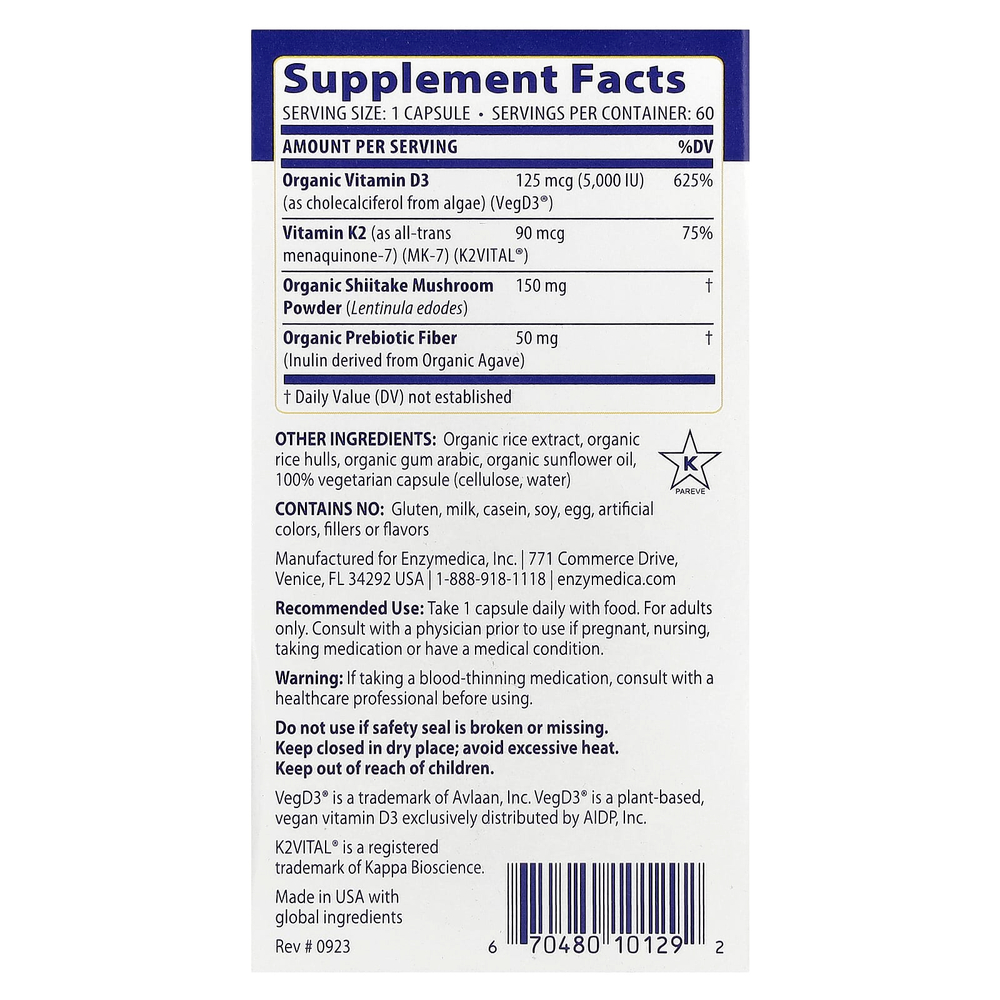 Enzymedica, витамин D3 с витамином K2, 60 капсул