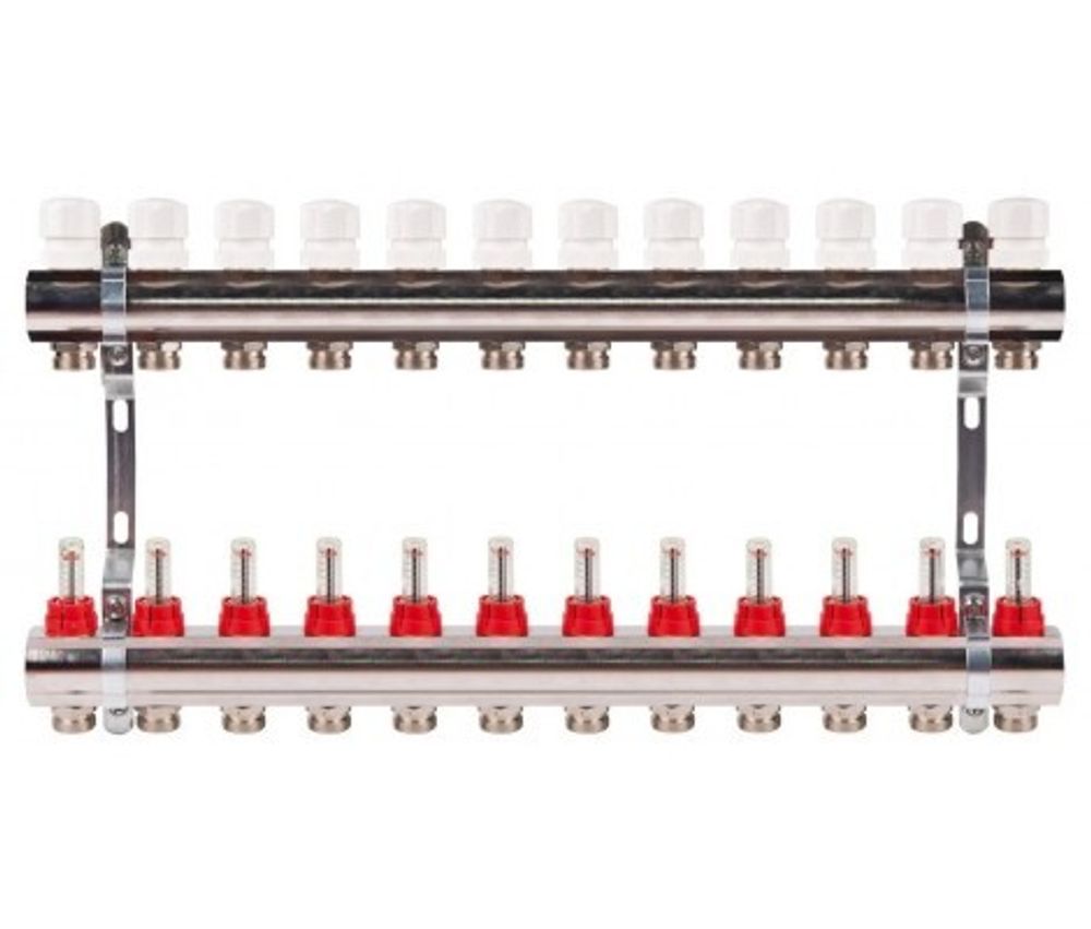 Коллектор с расходомерами латунный 1&quot; на 12 выхода без сливных узлов KD012 TIM
