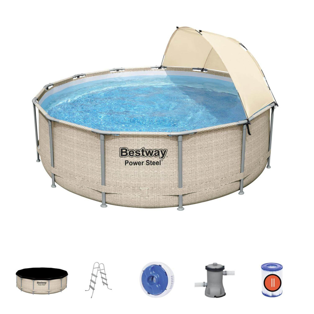 Каркасный бассейн Bestway 396х107 см + фильтр-насос 2006 л/ч, тент, лестница, навес от солнца (5614V BW)
