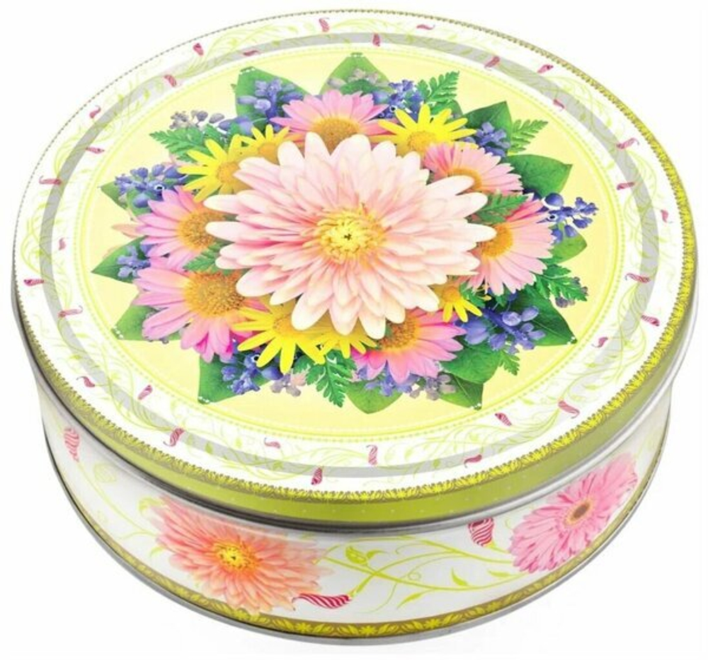 Печенье сдобное со сливочным маслом «Весенний букет». Светлая жестяная коробка. REGNUM