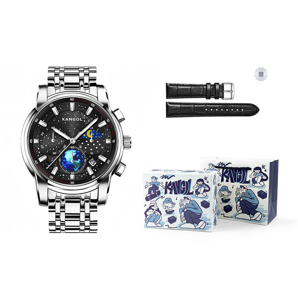 KANGOL Star Collection Quartz Movement Metal Strap Watch Men"s Watches Black Dial