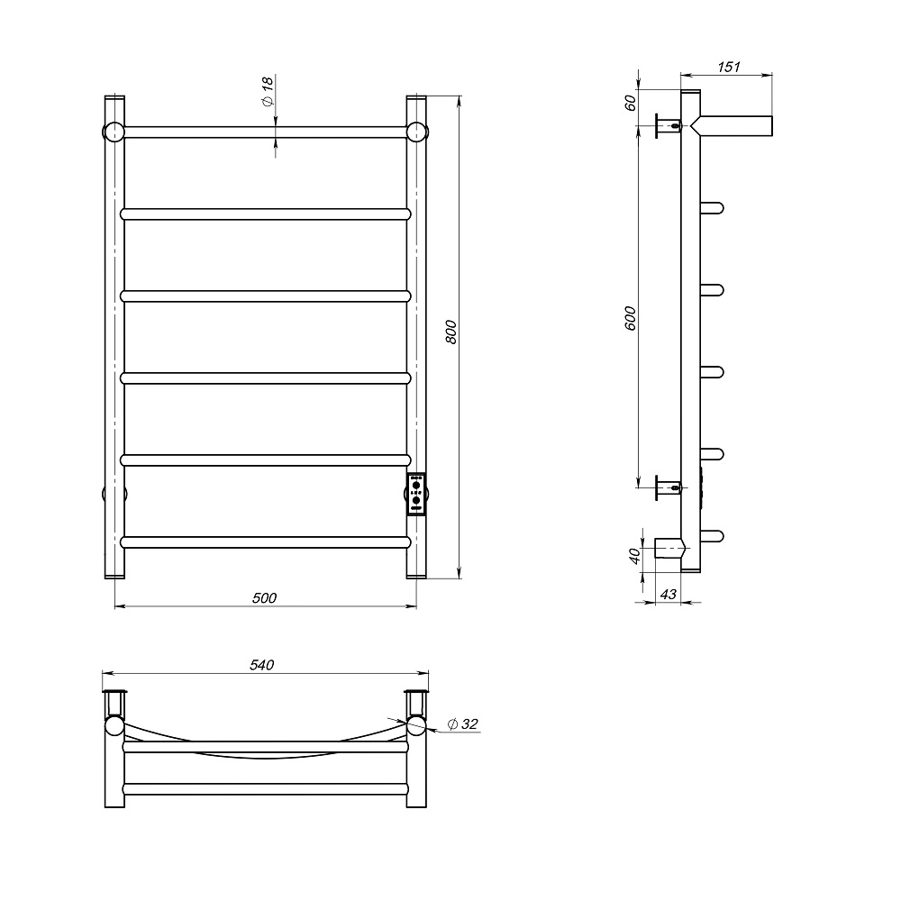 Полотенцесушитель MIXLINE CAPELLA  80х50 (таймер, 336Вт, 5 перекладин + ПОЛКА) электрический ГРАФИТ