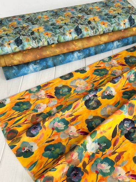 ЦВЕТОЧНАЯ АКВАРЕЛЬ НА ГОЛУБОМ, 100% хлопок 4