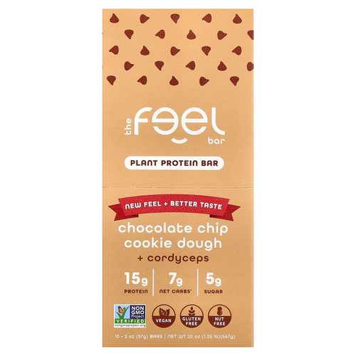 The Feel Bar, растительные протеиновые батончики, тесто для печенья с шоколадной крошкой и кордицепсом, 10 батончиков по 57 г (2 унции)