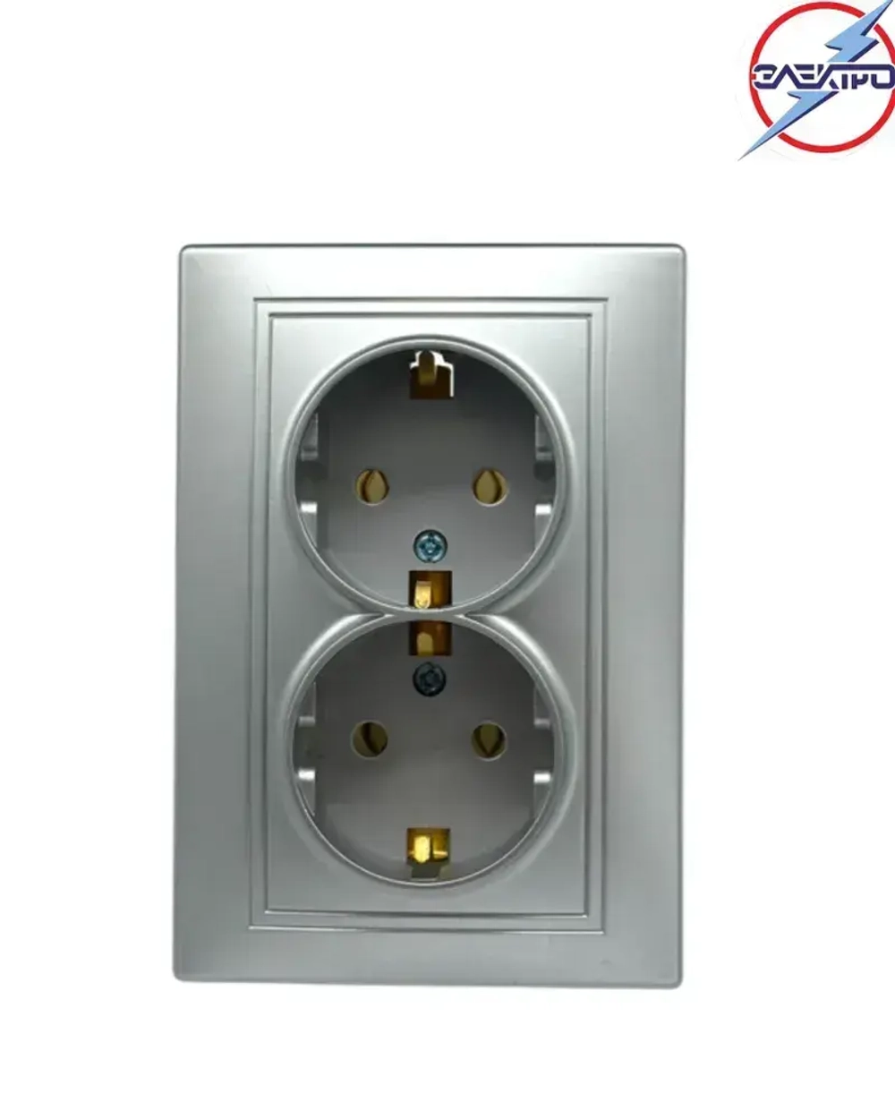 Розетка двойная с заземлением МИРА, цвет серебро, внутренняя