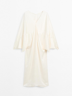 Massimo Dutti Платье-кимоно из струящегося атласа - STUDIO, натуральный, кремовый