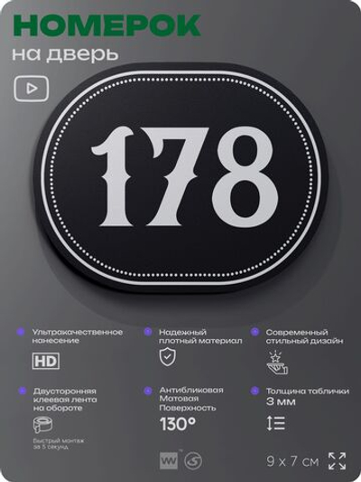 Номерок на дверь квартиры 178, для кабинета, офиса, шильдик 9 х 7 см, черный, Айдентика Технолоджи