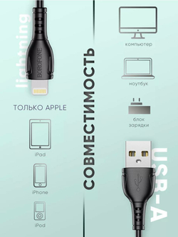 Кабель iPhone Lightning BOROFONE BX51 1м, 2.4A.   черный