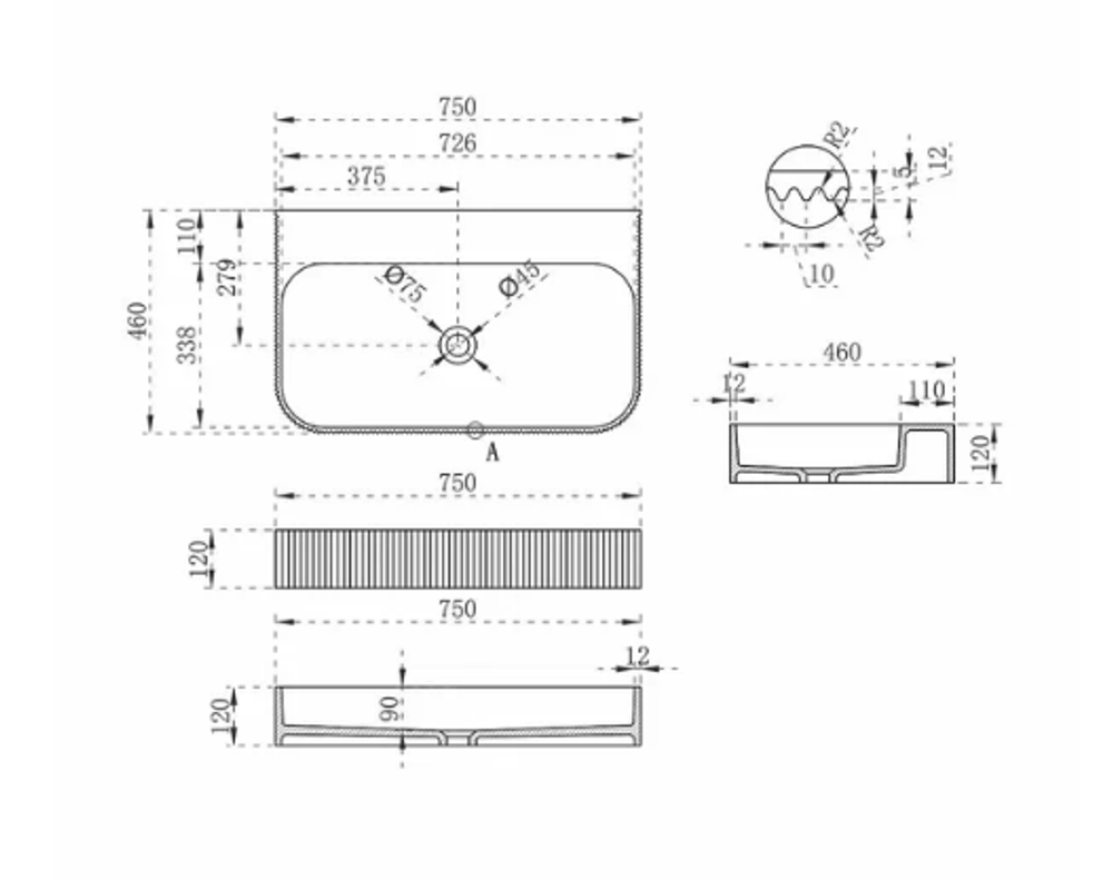 Раковина из искусственного камня Vincea VWB-6SG75MW, 750*460*120, подвесная, цвет белый матовый, , шт