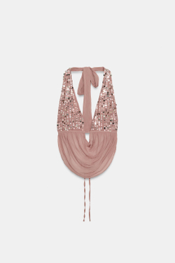 ZARA ТОП С ГОРЛОВИНОЙ ХАЛТЕР И ПАЙЕТКАМИ, ПЫЛЬНЫЙ РОЗОВЫЙ