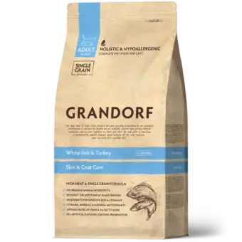 Сухой низкозерновой корм GRANDORF CAT White Fish&Turkey SKIN&CARE Белая рыба с индейкой 2кг