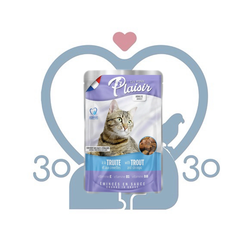 PLAISIR корм конс. для кошек с форелью и креветкой в соусе, пауч, 100 г (ветеринарная формула)