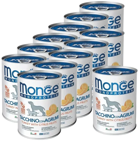Влажный корм для собак Monge Monoprotein, индейка, с рисом, с цитрусовыми 12 шт. х 400 г