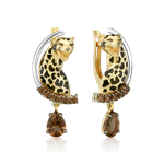 Серьги «Леопарды» с английским замком из комбинированного золота с кварцем дымчатым и эмалью