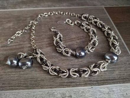 Браслет Византия биколор:серебро и графит с темно-серым плоским жемчугом Майорка