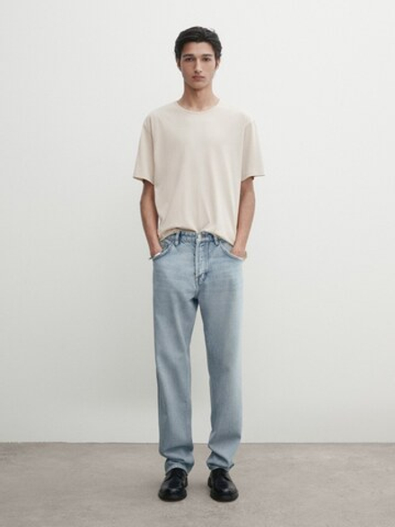 Massimo Dutti Хлопковая футболка с короткими рукавами, натуральный, кремовый