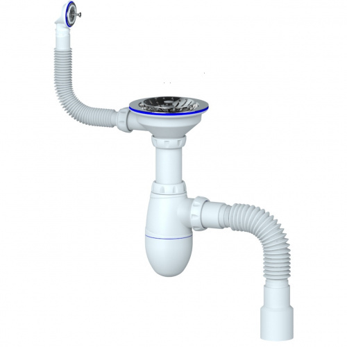 Сифон для мойки с выпуском 1 1/2" и круглым переливом, с гибким соединением, пласт.шток(В426Р)