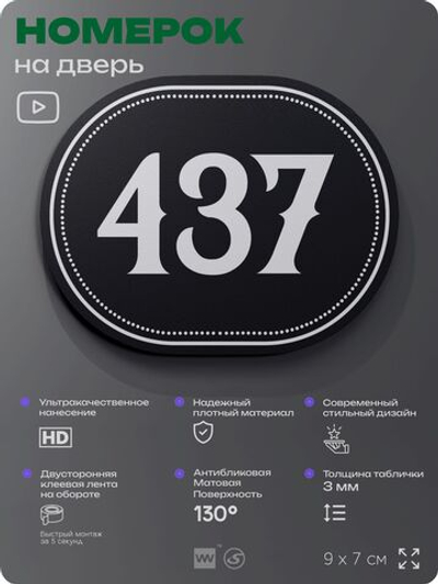 Номерок на дверь квартиры 437, для кабинета, офиса, шильдик 9 х 7 см, черный, Айдентика Технолоджи