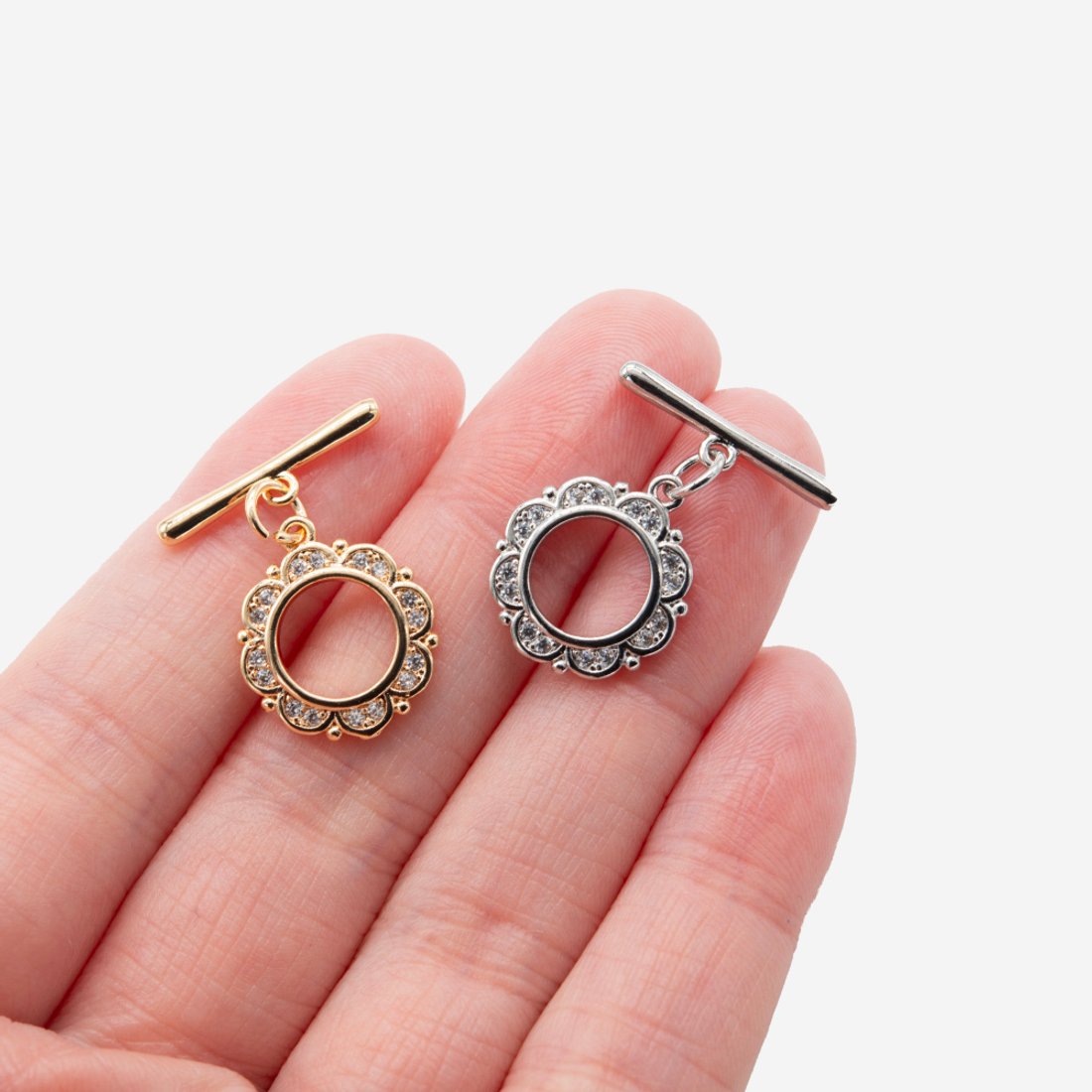 Замок тогл "Цветок", 14,2мм, фианиты, родирование