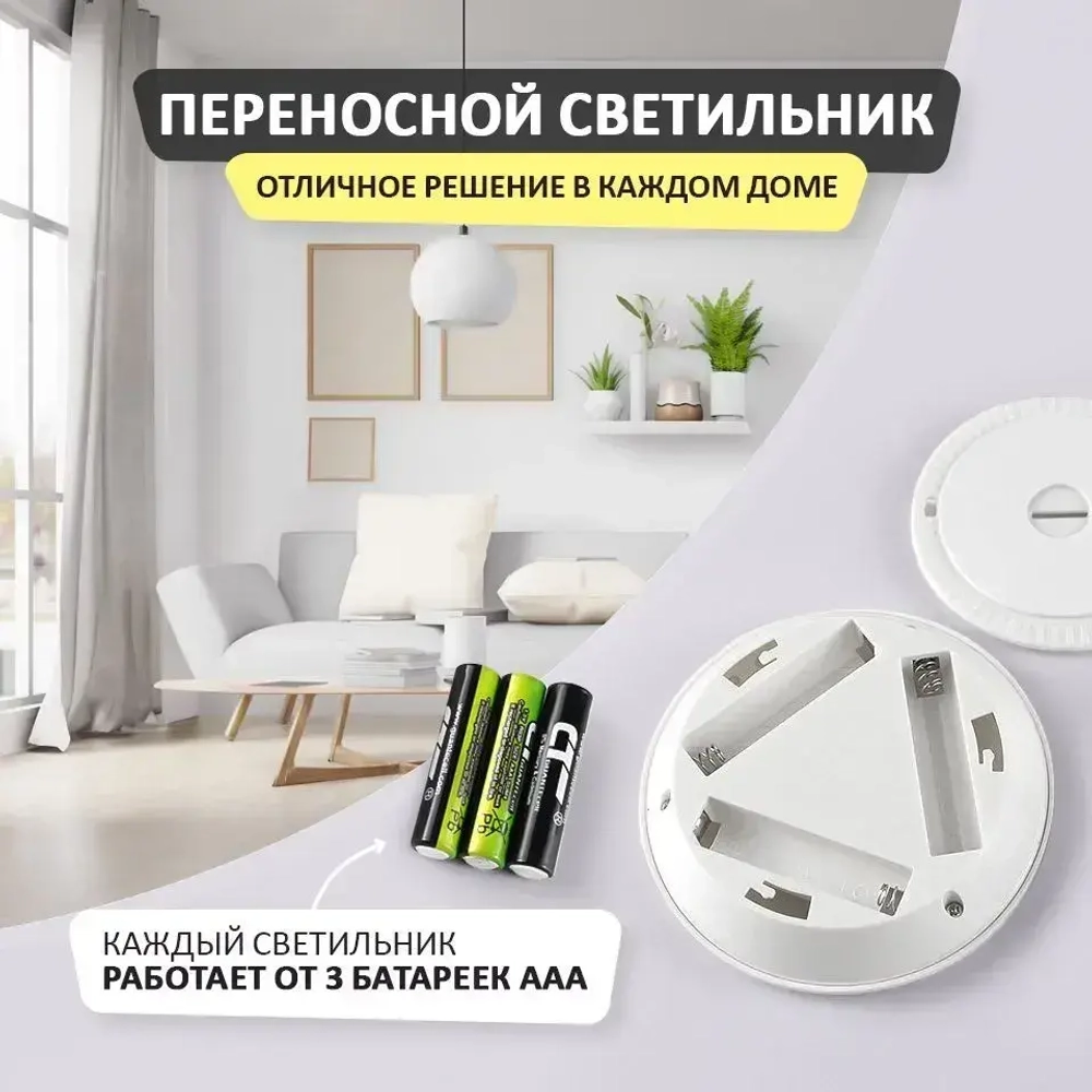 Потолочный светодиодный светильник 3шт с пультом / для шкафа / Беспроводной ночник фонарик настенный с дистанционным управлением и регулируемой яркостью на батарейках / Лампа для гардероба