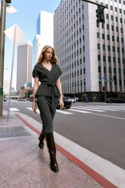 ZARA ТРИКОТАЖНАЯ ЮБКА МИДИ, СЕРЫЙ