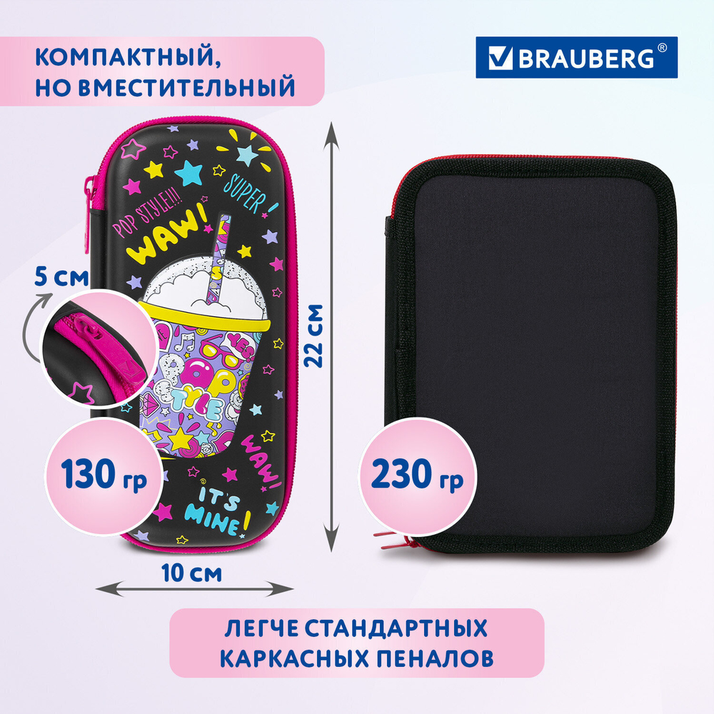 Пенал BRAUBERG 1 отделение 1 откидная планка EVA 22х10х5 см "Pop style" (2 штуки в упаковке)