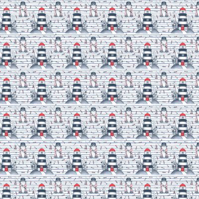 Маяк-чайник и сканди рыбак на полосатом фоне