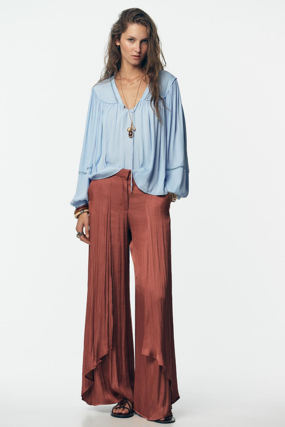 ZARA БЛУЗА С КРУЖЕВОМ, ГОЛУБОЙ