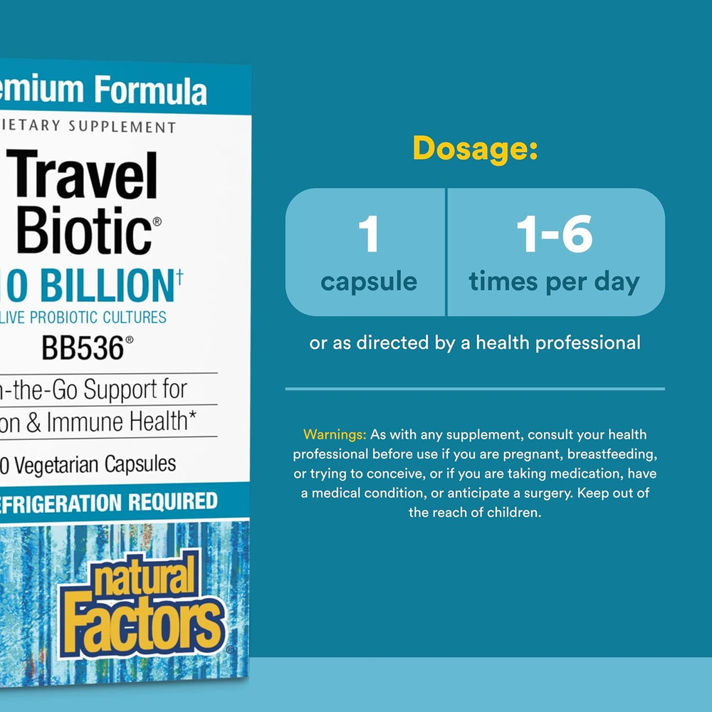 Natural Factors, Travel Biotic, BB536, 10 млрд КОЕ, 60 вегетарианских капсул