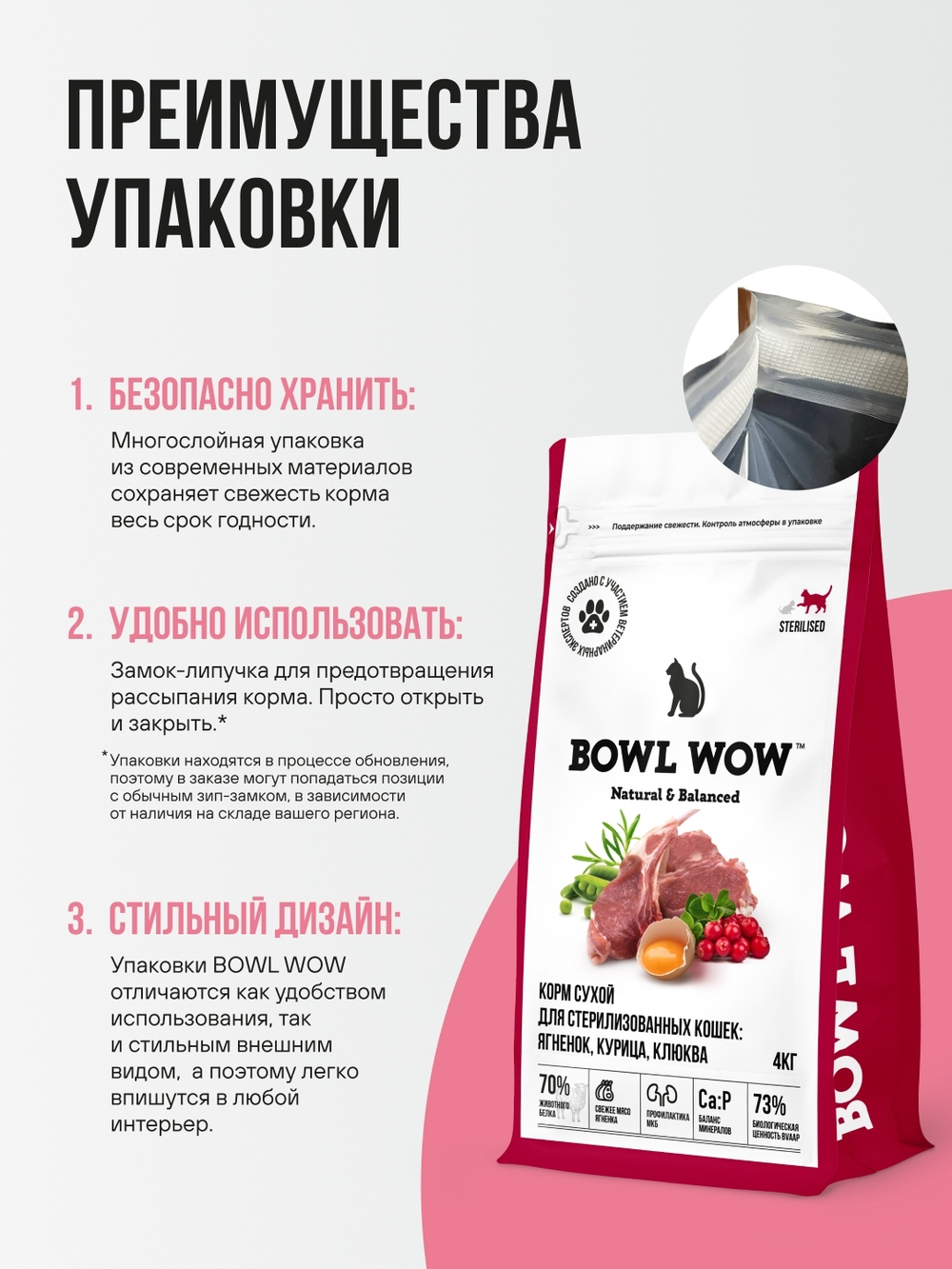Сухой корм для стерилизованных кошек с ягненком, курицей, клюквой BOWL WOW 4кг