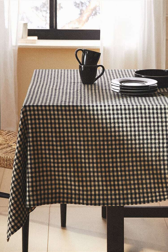 ZARA HOME ЛЬНЯНАЯ СКАТЕРТЬ В КЛЕТКУ В КЛЕТКУ, СИНИЙ