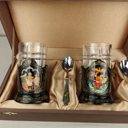 Чайный набор подстаканников "Русские сказки" (ручная роспись Палех) №19