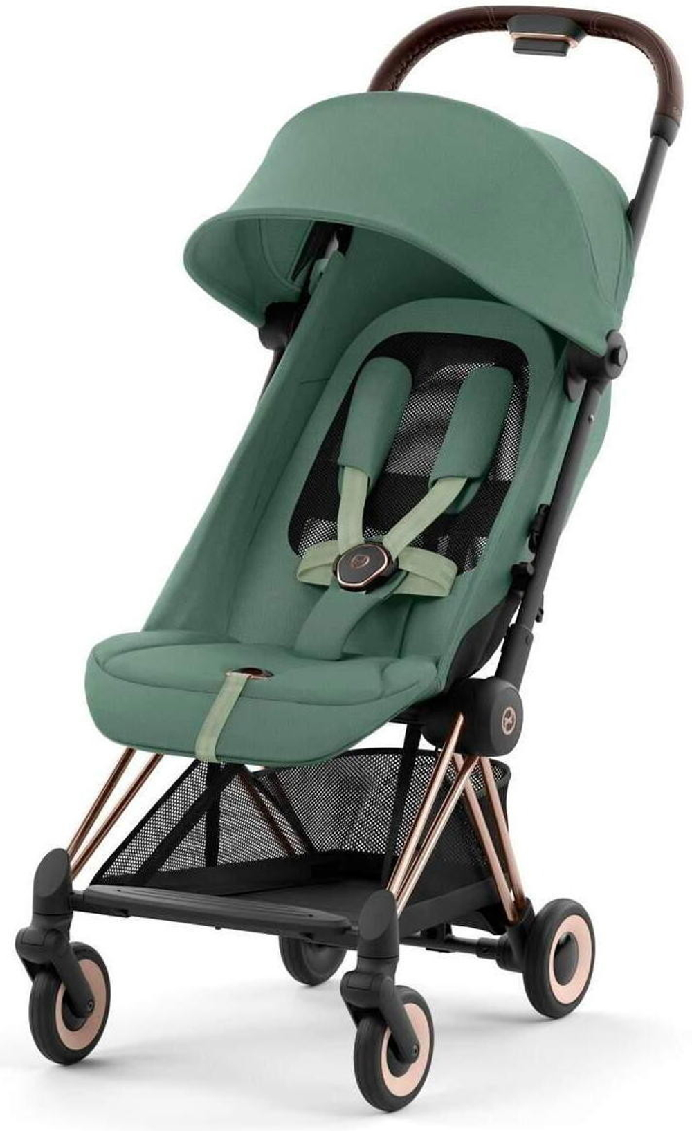 Коляска Cybex Coya Rosegold Frame Aton S2 i-Size Lava Grey Leaf Green с дождевиком и бампером
