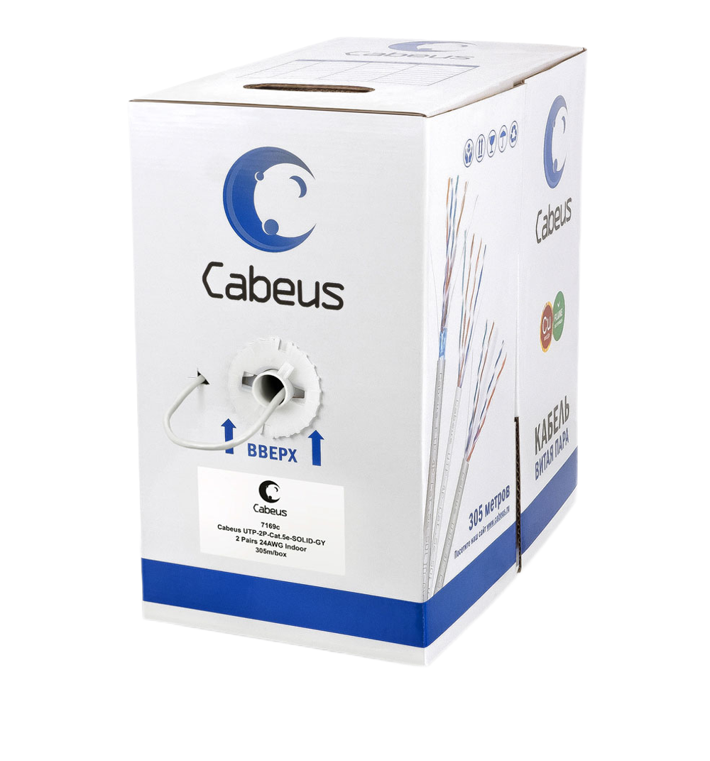 Кабель витая пара U/UTP 5e кат. 2 пары Cabeus UTP-2P-Cat.5e-SOLID-LSZH-GY