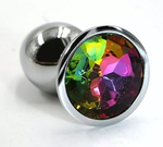 Серебристая алюминиевая анальная пробка с радужным кристаллом - 7 см. (Цвет: разноцветный)