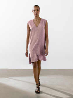 Massimo Dutti Мини-платье из 100% льна с воланами, пастельно-розовый