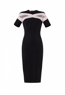 12-01-22 SS Платье-футляр со вставками из сетчатого материала, черный с бежевым L