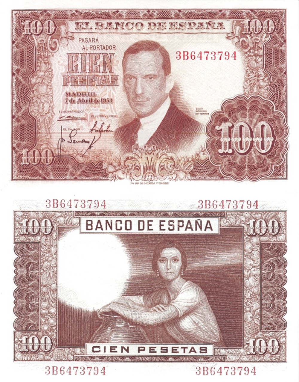 Испания 100 Песета 1953 Картина Хулио Ромео де Торреса XF