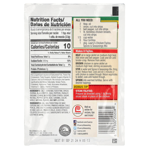 Lawry's, Куриная фахитас, смесь специй и приправ, 28,3 г (1 унция)