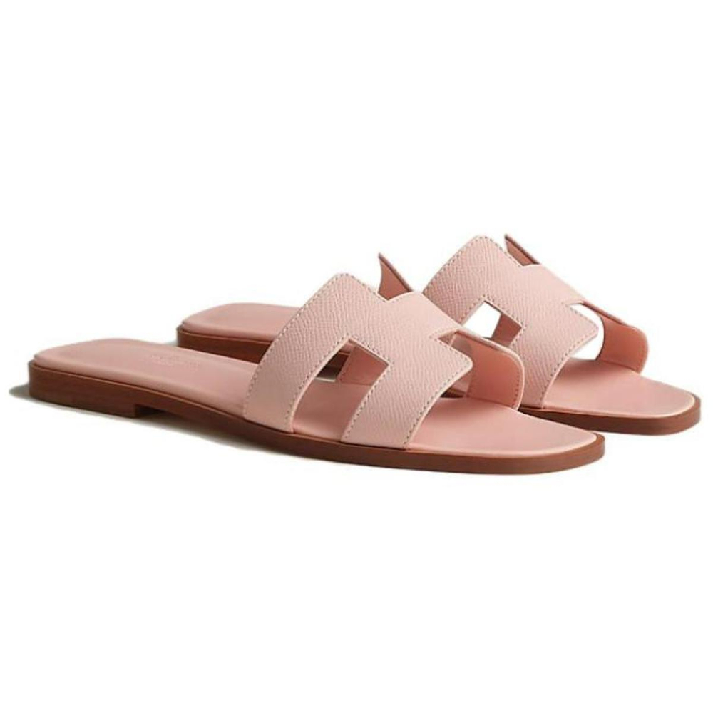 Hermes Oran leather open-toed round toe slippers women's pink, H202272Z VR