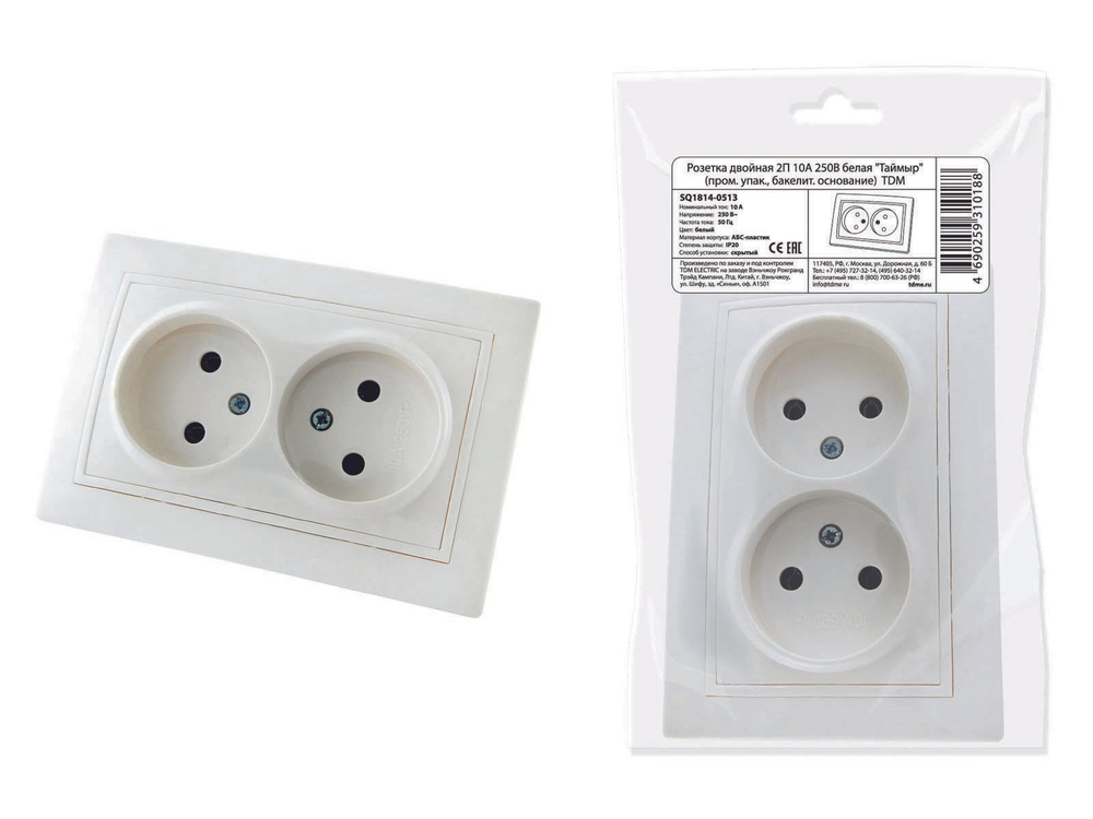 Розетка 2-я 2P белая Таймыр 10А (пром. упак, бакелит. основание) 250В TDM