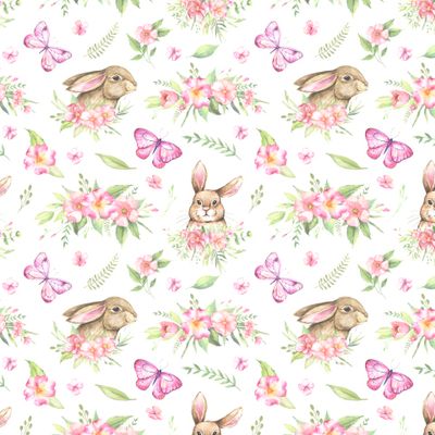 Кролики, розовые цветы, бабочки