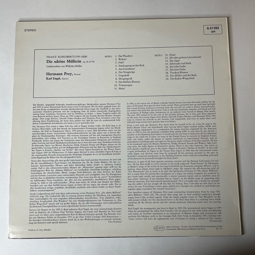 Винтажная виниловая пластинка LP Franz Schubert Шуберт, Hermann Prey, Karl Engel, Die Schone Mullerin (Германия 1975)
