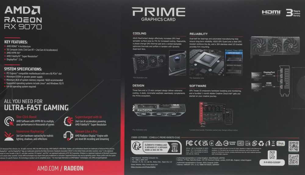 Видеокарта ASUS AMD  Radeon RX 9070 PRIME-RX9070-O16G 16ГБ PRIME, GDDR6, OC,  Ret