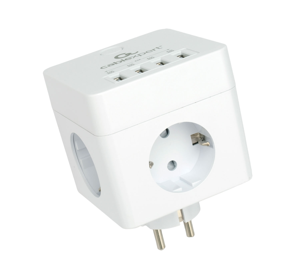 Сетевой фильтр Cablexpert Cube CUBE-4-U4-W, 4 р, 16А, 4хUSB, ур.защиты 2+, коробка белый