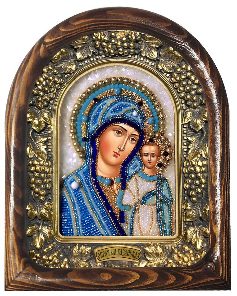 Божия Матерь Казанская (бисер, лазурит, бирюза, жемчуг, голубой агат)